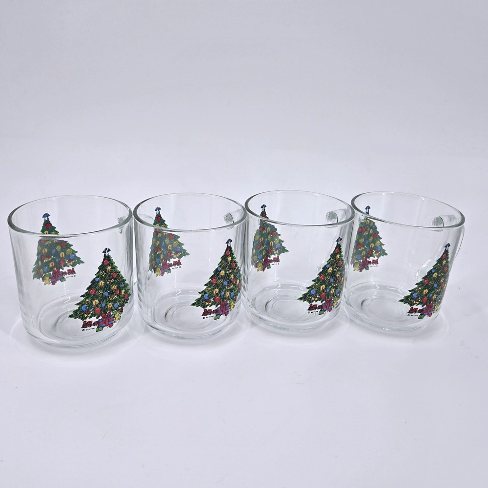 Set of 4 Vintage Luminarc 55 Christmas Tree Glass‎ Mugs France 1988 VGUC